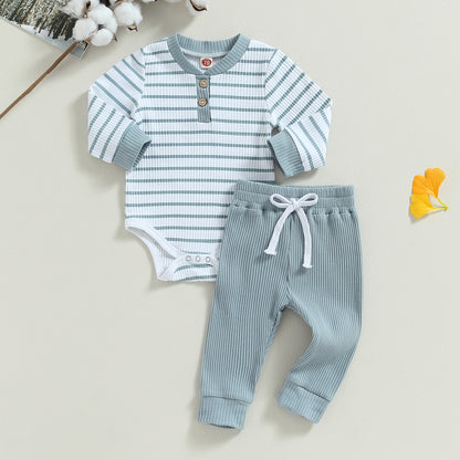 Ensemble bébé garçon automne – barboteuse rayée manches longues + pantalon