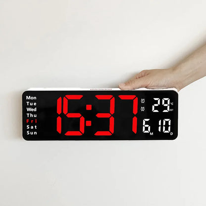 Horloge murale LED grande - télécommande, double alarme, température