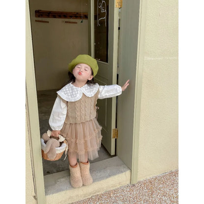 Gilet tricoté fille – sans manches, mode printemps/automne, 1‑7 ans