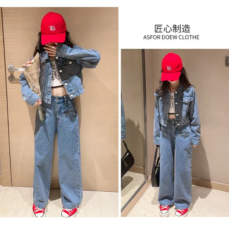 Pantalon Denim Jambes Larges Filles, Style Coréen, Printemps/Automne , 2 Pièces .