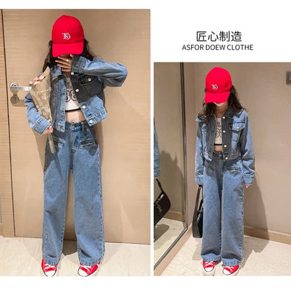 Pantalon Denim Jambes Larges Filles, Style Coréen, Printemps/Automne , 2 Pièces .