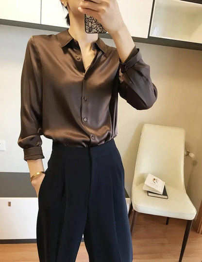 Chemise femme en satin – manches longues, vintage élégante, bureau & décontractée (été/automne)