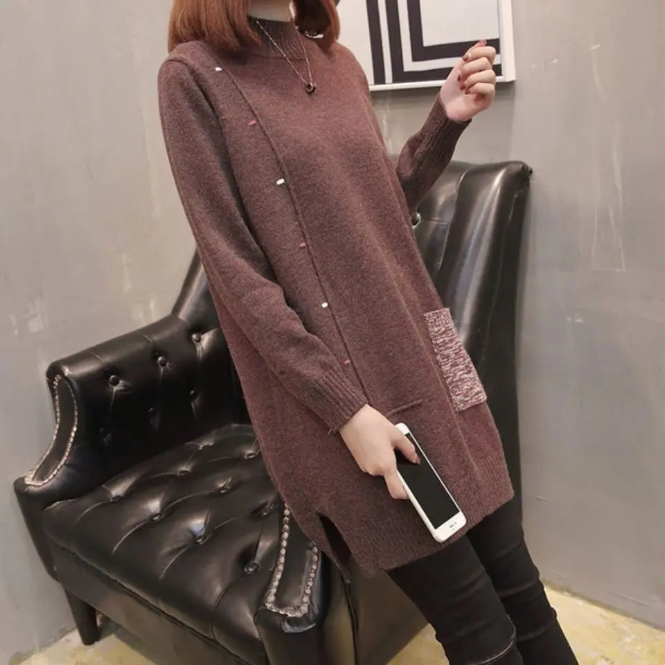 Pull mi-long pour femme, col recommandé, chemise à fond, poche, coréen, automne, hiver