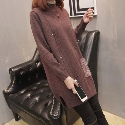 Pull mi-long pour femme, col recommandé, chemise à fond, poche, coréen, automne, hiver