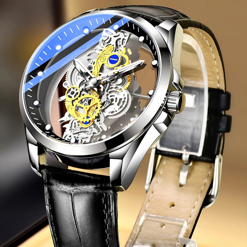 Montre homme quartz squelette doré rétro luxe .