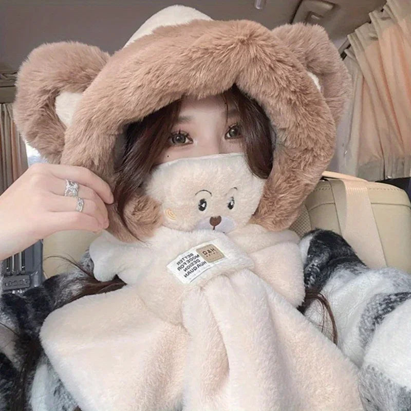 Ensemble Hiver Femme – Chapeau Ours Peluche + Gants Chauds, Style Lei Feng