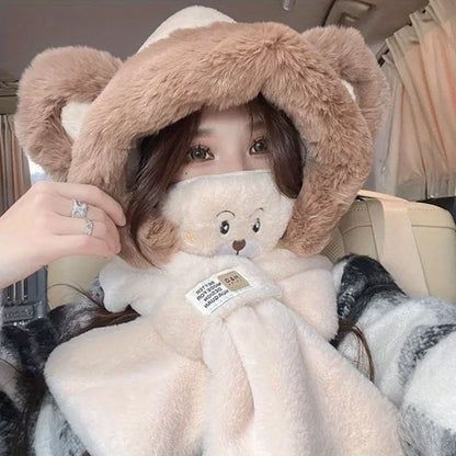 Ensemble Hiver Femme – Chapeau Ours Peluche + Gants Chauds, Style Lei Feng