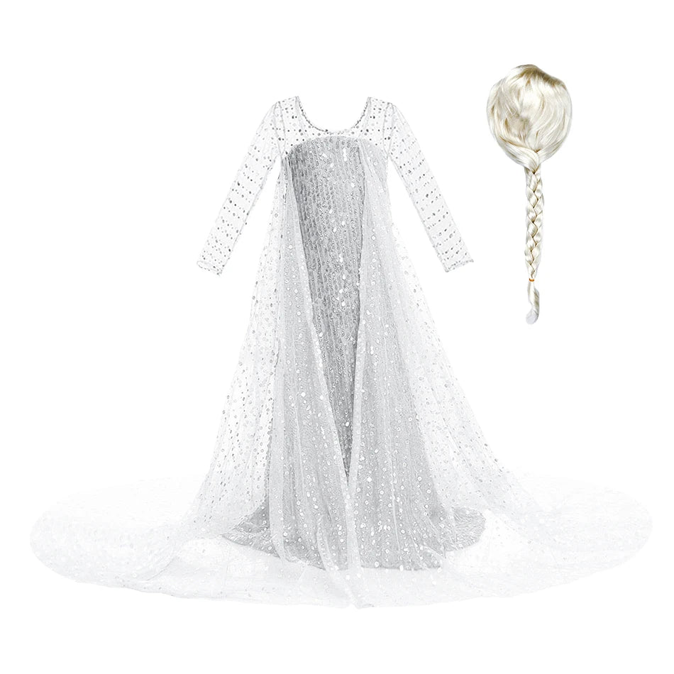 Robe princesse fille – Paillettes, Elsa cosplay, robe blanche, Noël, carnaval
