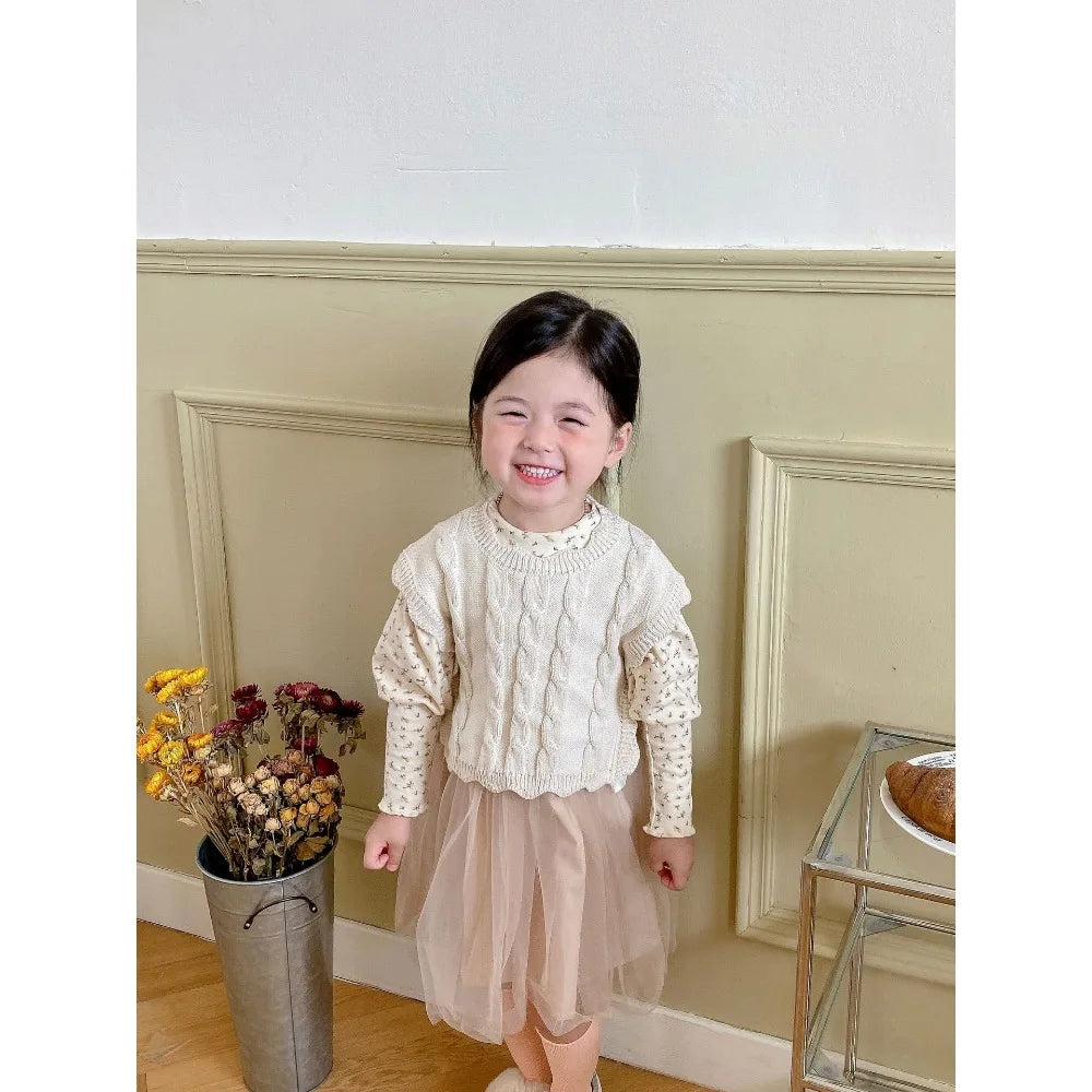 Gilet tricoté fille – sans manches, mode printemps/automne, 1‑7 ans