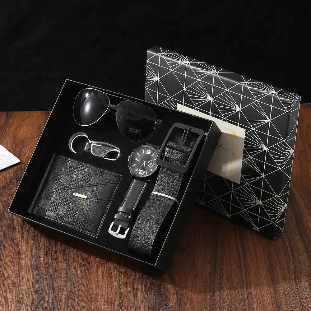 Coffret cadeau homme – Montre, portefeuille, ceinture, lunettes de soleil, porte-clés, fête des pères, petit ami ,saint valentin
