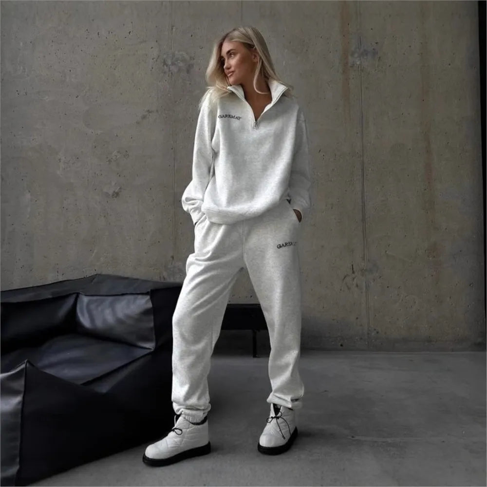 Ensemble Femme Automne-Hiver – Sweat à Capuche Zippé & Pantalon Épais, Style Décontracté Tendance