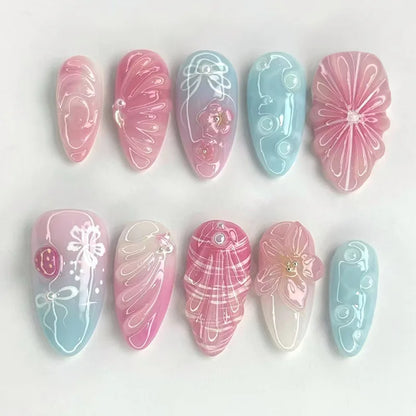 Faux ongles 24 pcs mi-longs amande 3D fleur détachables