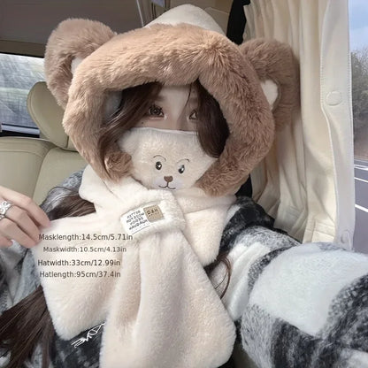 Ensemble Hiver Femme – Chapeau Ours Peluche + Gants Chauds, Style Lei Feng