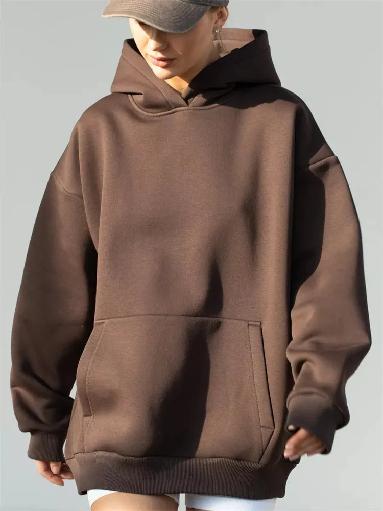 Sweat Femme Décontracté – Pull à Capuche Ample, Manches Longues, Couleur Unie Automne-Hiver
