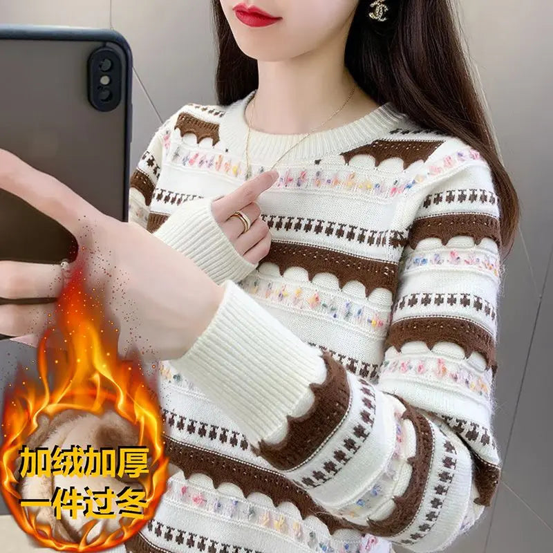 Pull femme col rond en peluche, style rayé automne-hiver