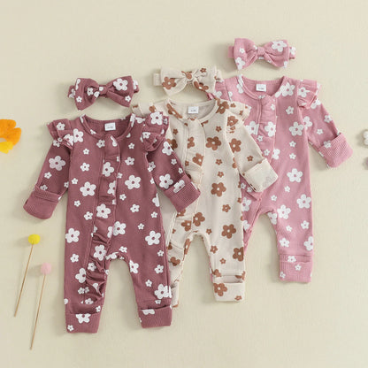 Ensemble bébé fille 2 pièces : combinaison florale à manches longues + bandeau .