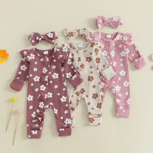 Ensemble bébé fille 2 pièces : combinaison florale à manches longues + bandeau .