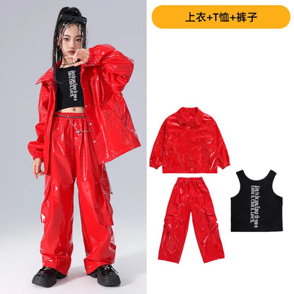 Costume Danse Jazz Garçon Filles, Pantalon Cuir Brillant Rouge, Streetwear Hip Hop Scène .