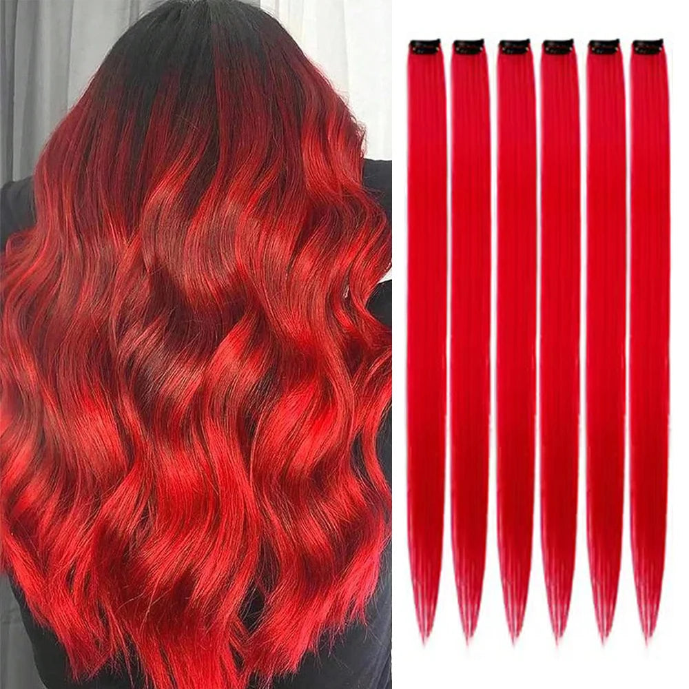 Extensions capillaires synthétiques à reflets colorés pour filles, postiches lisses multicolores de 22 pouces, 6 pièces/paquet