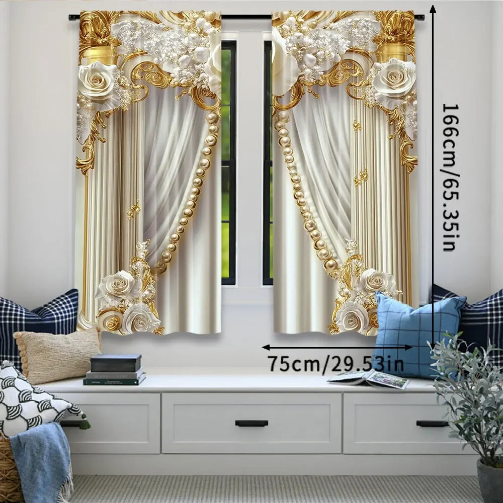 Rideaux chic doré et blanc – 2 pièces, fleurs élégantes, salon, chambre, cuisine et salle de bain