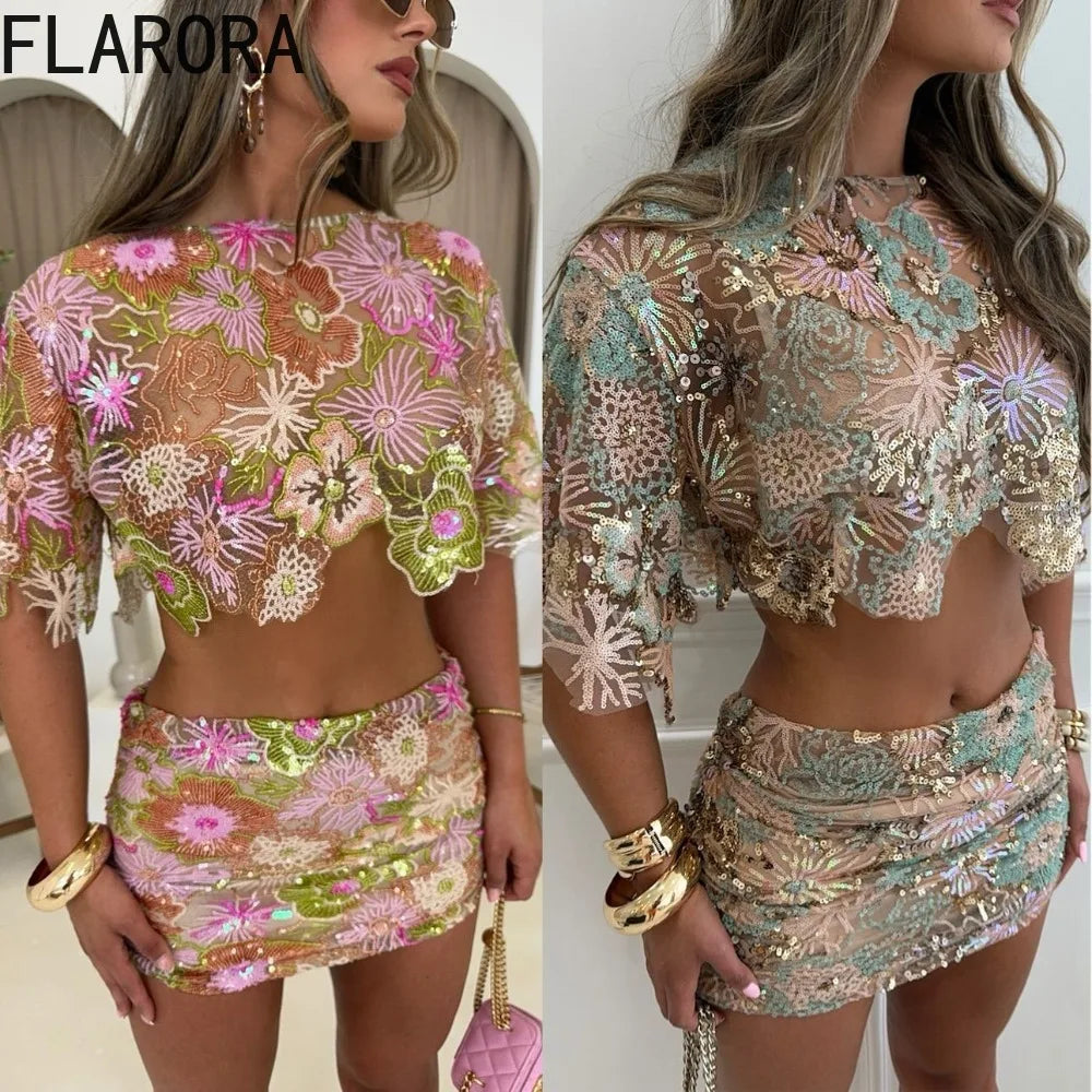 FLARORA Ensemble Femme Luxe 2 Pièces, Broderie & Paillettes, Haut Court & Jupe,