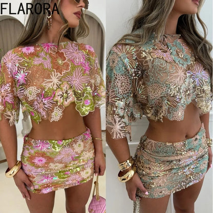 FLARORA Ensemble Femme Luxe 2 Pièces, Broderie & Paillettes, Haut Court & Jupe,