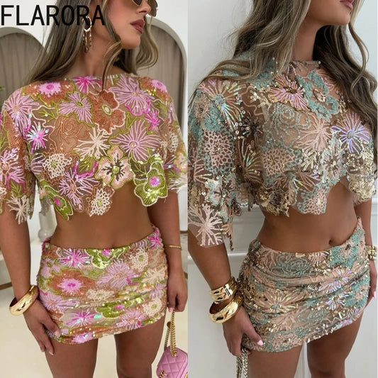 FLARORA Ensemble Femme Luxe 2 Pièces, Broderie & Paillettes, Haut Court & Jupe,