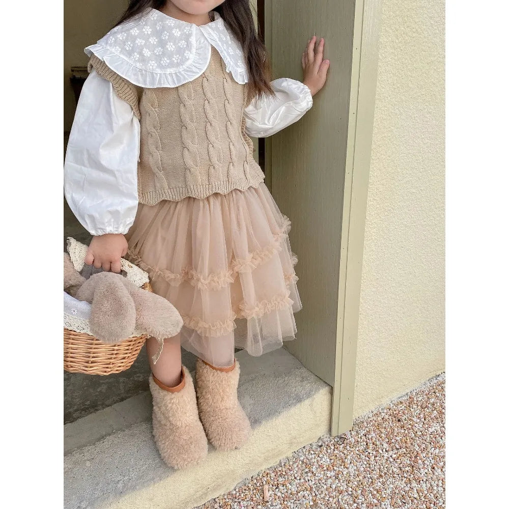 Gilet tricoté fille – sans manches, mode printemps/automne, 1‑7 ans