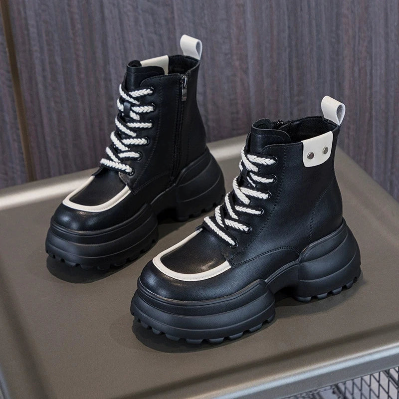 WOIZGIC bottines femmes en cuir véritable, style britannique à lacets, fourrure chaude automne/hiver, chaussures montantes confortables