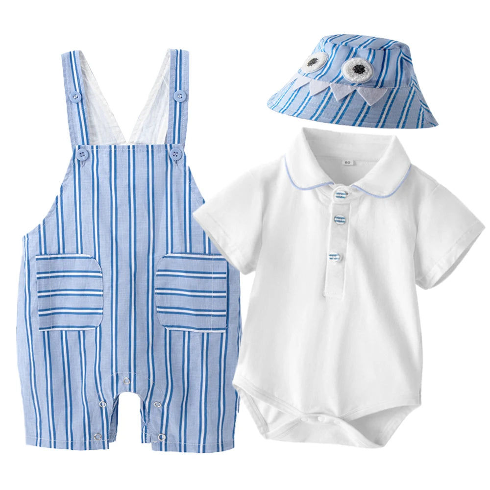 Vêtements bébé été – Ensemble 3 pièces rayé, coton doux, salopette, tenue mignonne, garçon et fille