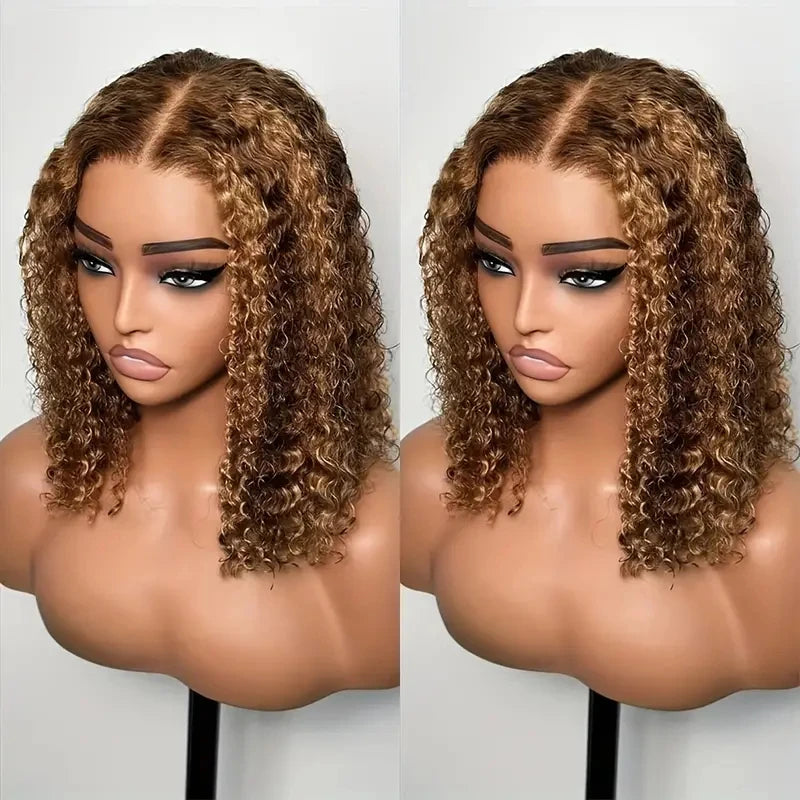 Perruque Bob Lace Frontal 13x4 – Cheveux Brésiliens Naturels Deep Wave, Courts Bouclés, Couleur Ombrée à Reflets .