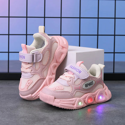 Baskets enfants cuir PU LED, été, respirantes, antidérapantes, taille 21-30, bleu/blanc/rose