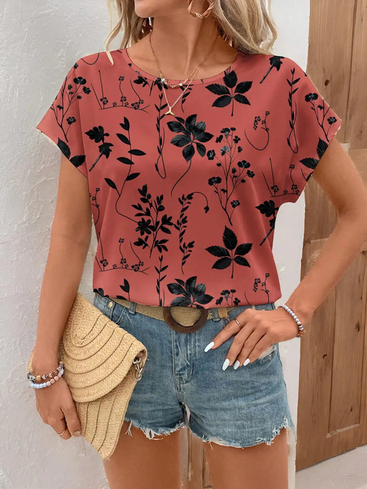Chemisier femme luxe acajou imprimé floral – printemps/été, style plage et vacances .