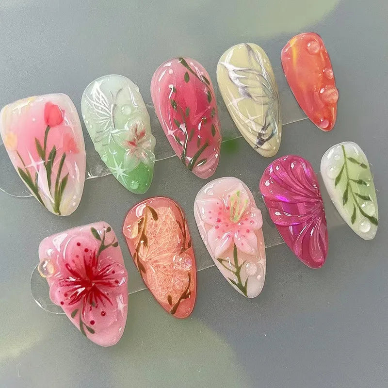 Faux ongles 24 pcs mi-longs amande 3D fleur détachables