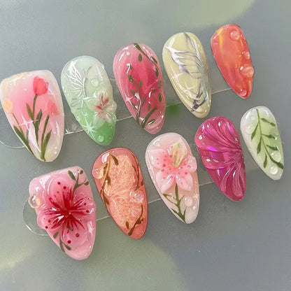 Faux ongles 24 pcs mi-longs amande 3D fleur détachables