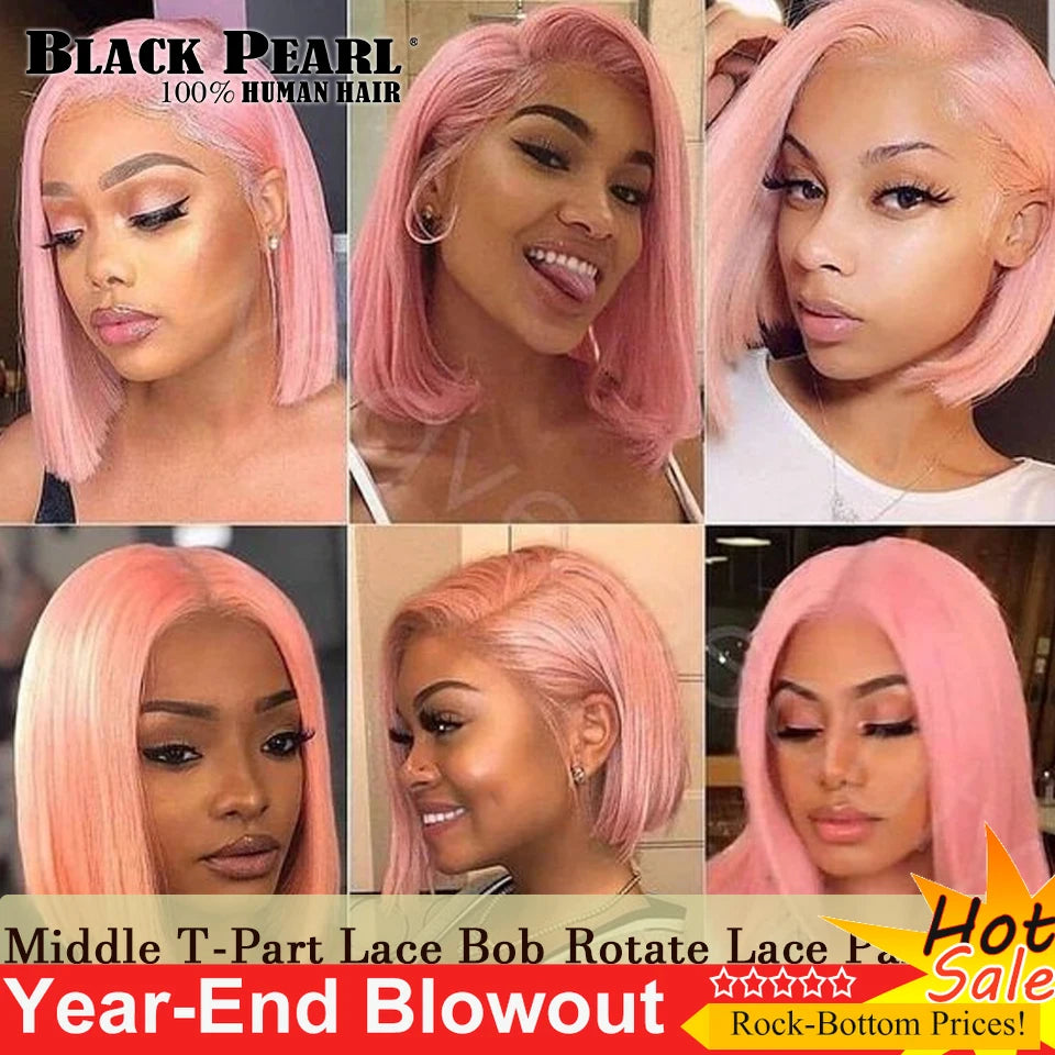 Perruque Bob rose droite – Cheveux humains, courte, dentelle avant, noeuds blanchis, pré-plumée, transparente