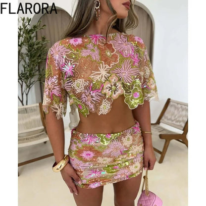 FLARORA Ensemble Femme Luxe 2 Pièces, Broderie & Paillettes, Haut Court & Jupe,