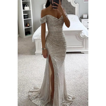 Robe Élégante Femme – Longue Coupe Sirène, Paillettes Champagne, Épaules Dénudées Chic