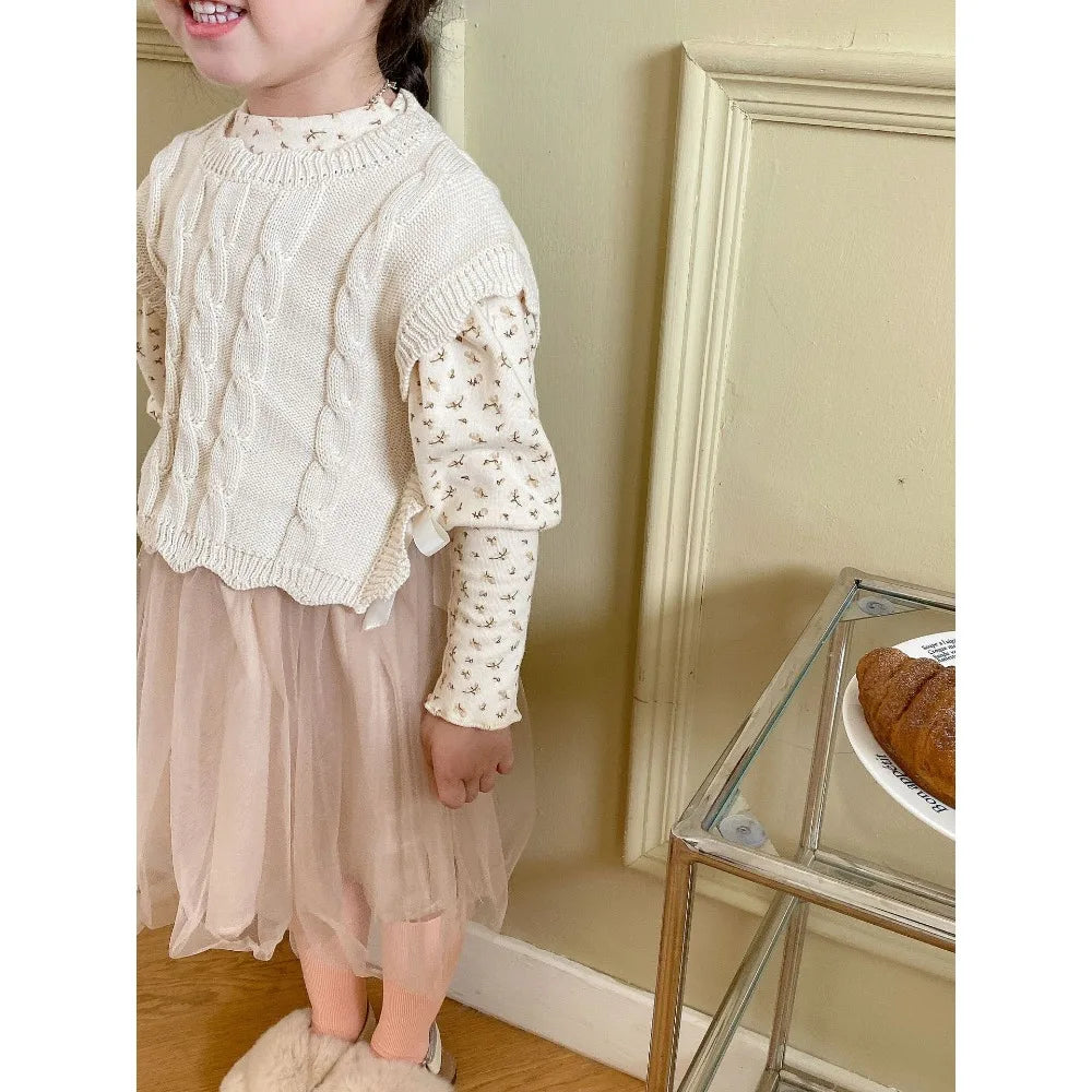 Gilet tricoté fille – sans manches, mode printemps/automne, 1‑7 ans