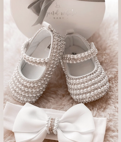 Chaussures bébé blanches à perles et strass, fait main, baptême 0-3m