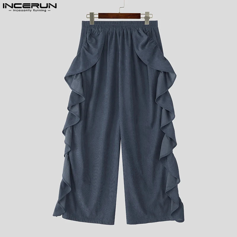 Pantalon homme INCERUN velours imprimé couleur unie à volants, taille élastique – Streetwear ample mode décontracté S-5XL