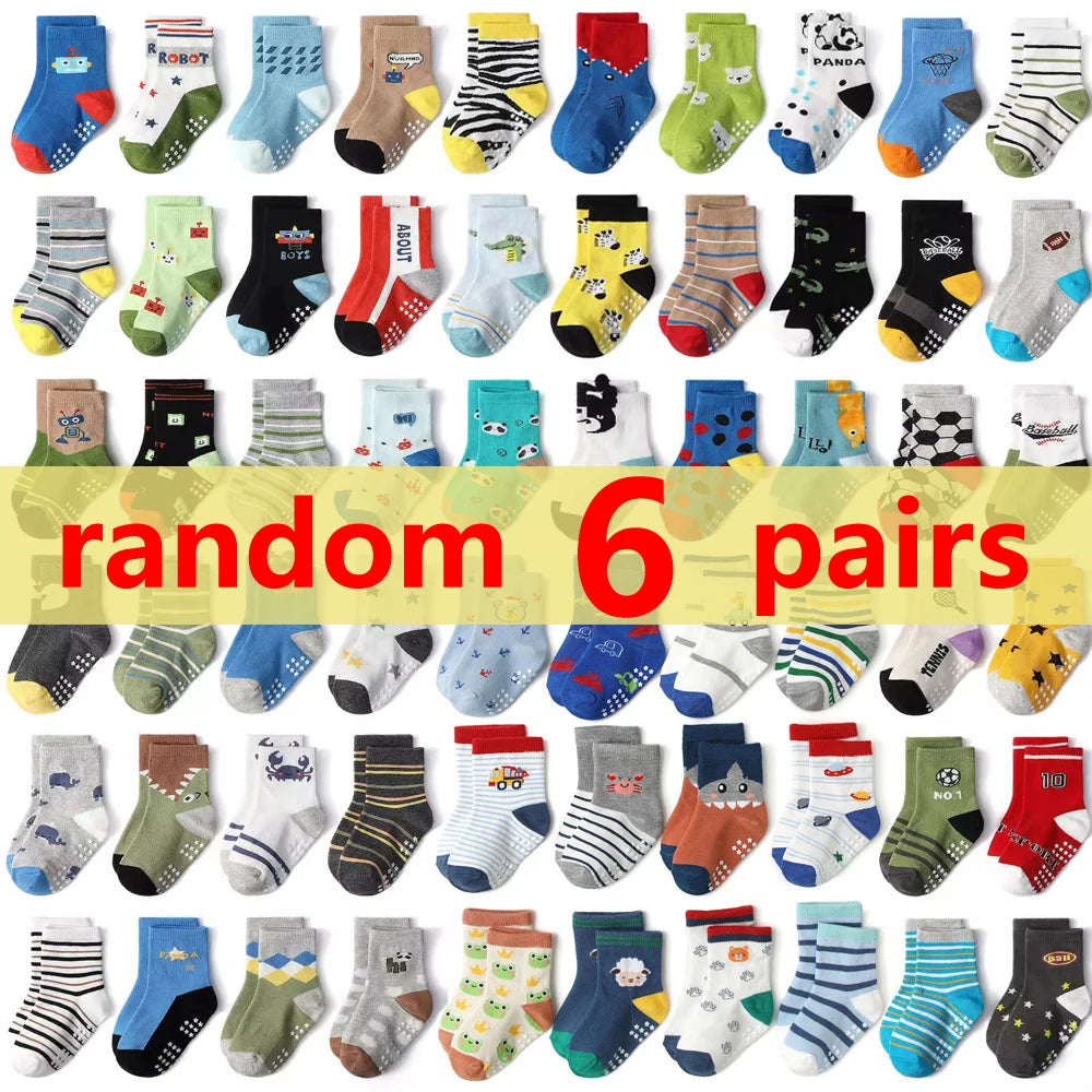Chaussettes coton enfant/bébé – antidérapantes, respirantes, dessins animés (lot 1‑12 paires)