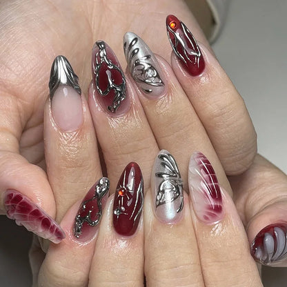 24 pcs faux ongles noirs mi-longs amande étoile fleur pression