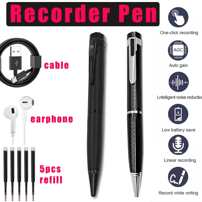 Stylo enregistreur vocal 128 Go portable USB, lecture MP3, pour conférences et cours, avec 5 recharges.