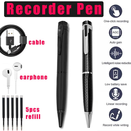Stylo enregistreur vocal 128 Go portable USB, lecture MP3, pour conférences et cours, avec 5 recharges.