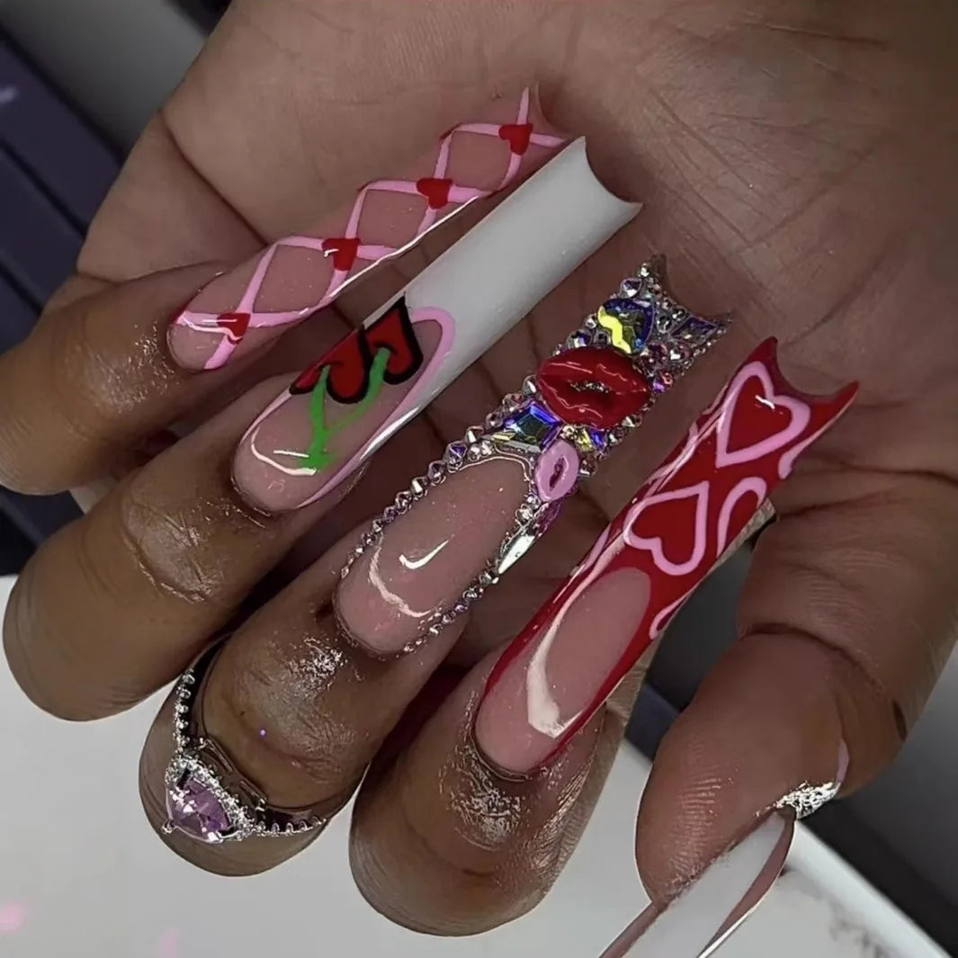 24 pcs faux ongles longs carrés blanc français cerise strass