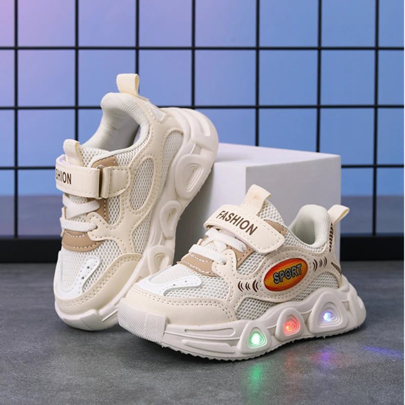 Baskets enfants cuir PU LED, été, respirantes, antidérapantes, taille 21-30, bleu/blanc/rose