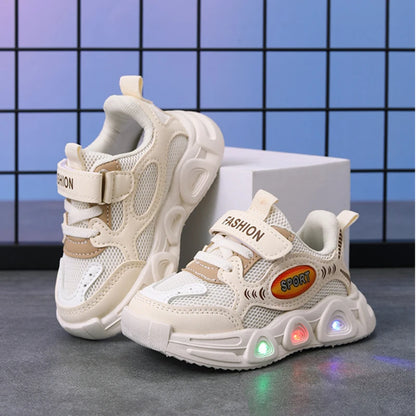 Baskets enfants cuir PU LED, été, respirantes, antidérapantes, taille 21-30, bleu/blanc/rose