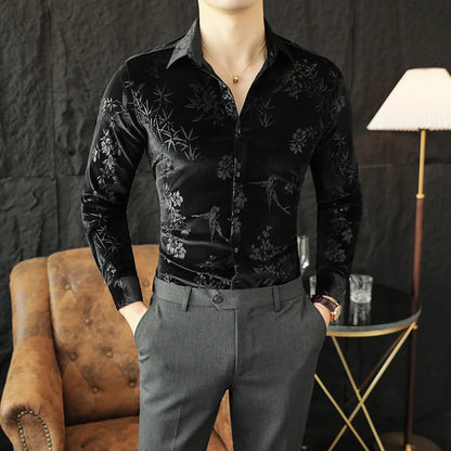 Chemise homme luxe en velours, slim, décontractée pour mariage, anniversaire .