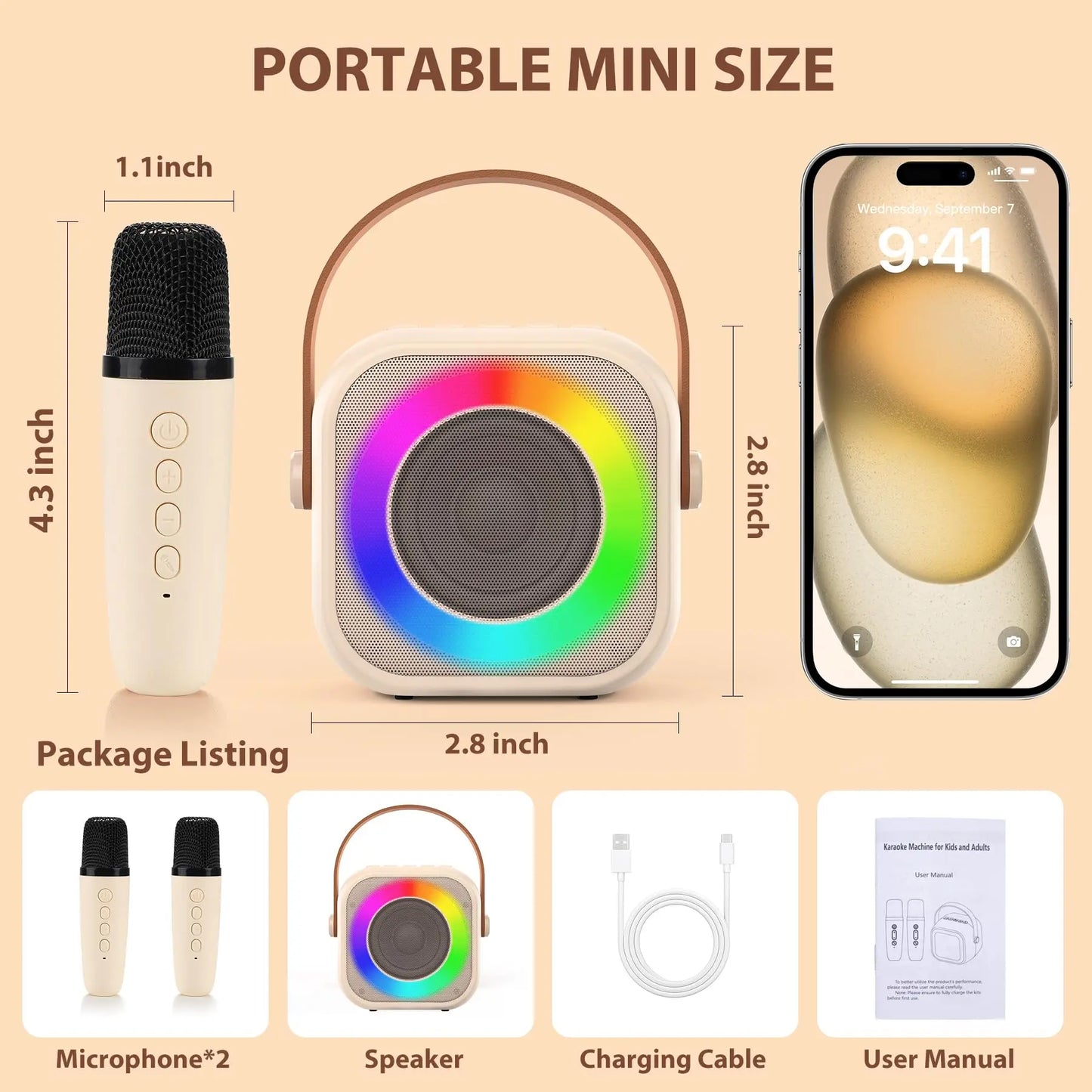 Mini machine karaoké Bluetooth enfants K12, portable avec 2 micros sans fil.